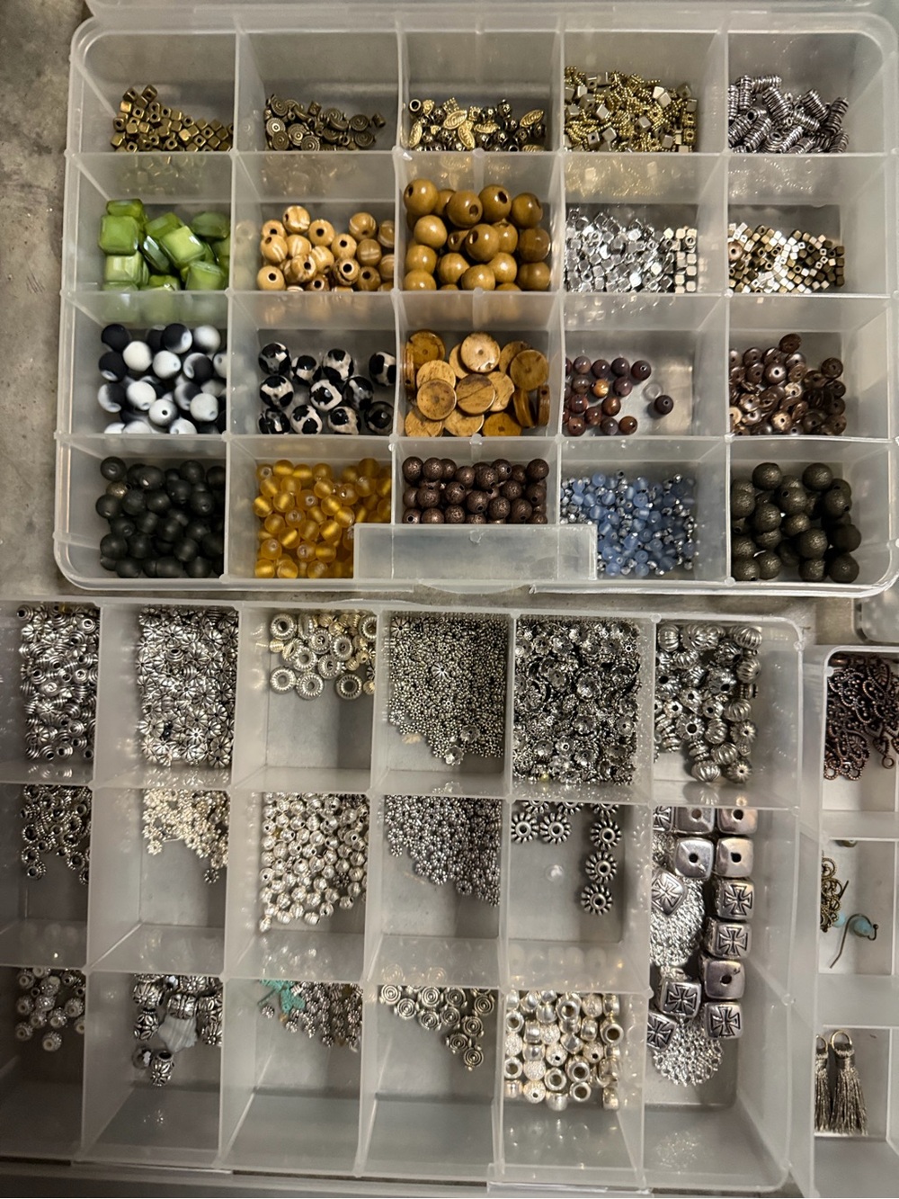 4 organizer boxes with beads - metal, glass and ceramic for jewelry making.